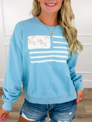 Wishlist In Bloom USA Cotton Long Sleeve Blue Mom Cropped Crewneck Sweatshirt