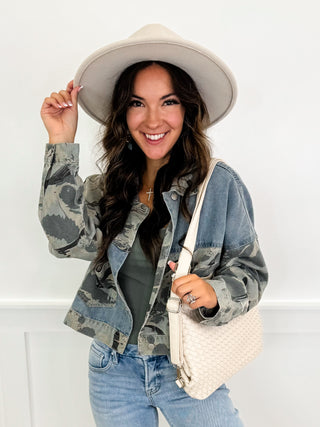 POL Just a Reason Distressed Long Sleeve Camo Lightweight Cropped Jacket