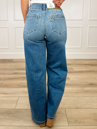 Judy Blue Bristol High-Rise Trouser Column Jeans - Medium Wash (Multiple Inseams, Double Button, Non-Distressed)