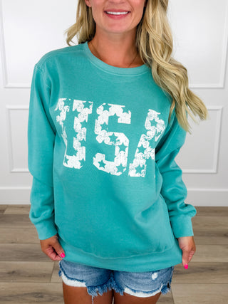 U.S.A. Proud Cotton Blend Long Sleeve Turquoise Avery Mae Graphic Crewneck Sweatshirt (Comfort Colors)