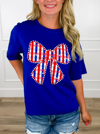 Bold Stripes, Bright Stars, Brave Hearts Rayon Blend Short Sleeve Blue Avery Mae Top