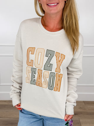 Cozy Season Cotton Blend Long Sleeve Bone Avery Mae Graphic Crewneck Sweatshirt (Bella+Canvas)