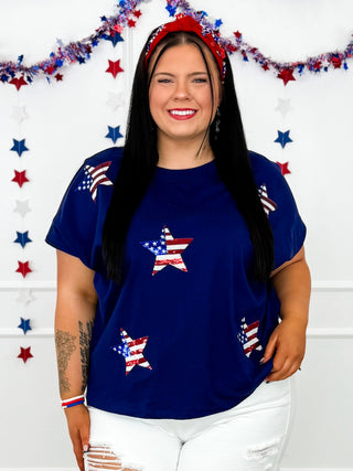 White Birch Star Spangled Cotton Short Sleeve Navy Top
