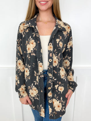 Moody Meadows Ribbed Long Sleeve Charcoal Avery Mae Button Up Top