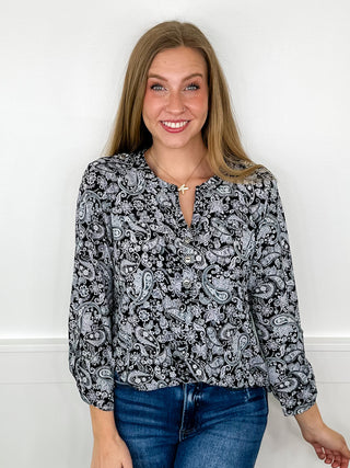 Dear Scarlett Pretty in Paisley Winkle-Free 3/4 Sleeve Black Top