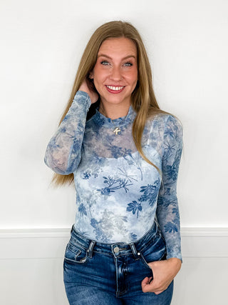 Velvet Vibes Sheer Mesh Long Sleeve Blue Avery Mae Bodysuit Top