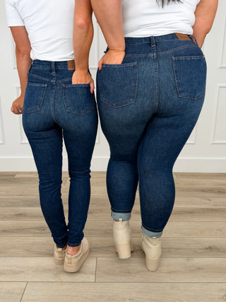 Dark wash tummy control skinny jeans, non-distressed, back yoke and two back pockets