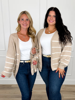 Oatmeal knit cardigan with long sleeves and open front, light stripe accents