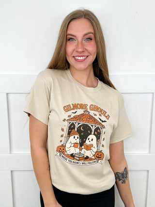 Oat cotton short-sleeve tee with Gilmore Ghouls ghost illustration and orange text