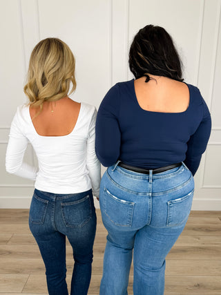 Long-sleeve scoop-back fitted top with square back neckline