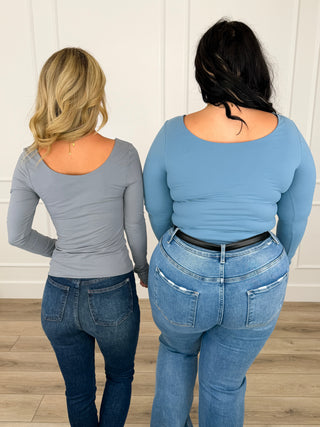 Long-sleeve scoop neck top in back view on two models