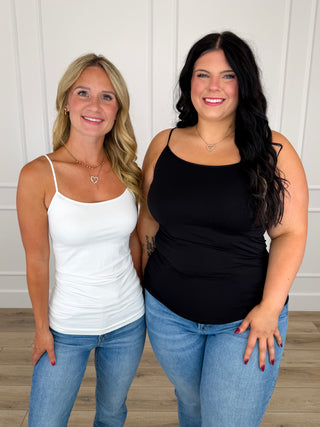 Lightweight cami tank tops: white and black, spaghetti straps, scoop neckline