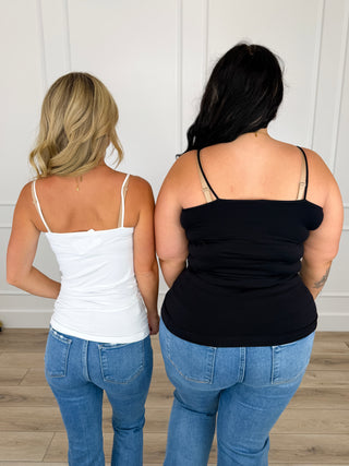 Lightweight cami tank tops, white and black, adjustable spaghetti straps on back