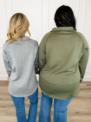 Back view long-sleeve tunic pullover in gray and dark green