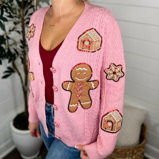 Gingerbread Dreams Cotton Blend Long Sleeve Pink Avery Mae Button Up Cardigan