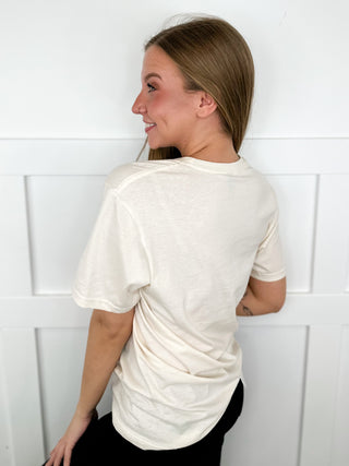 Cream short-sleeve cotton tee, plain back with round neckline