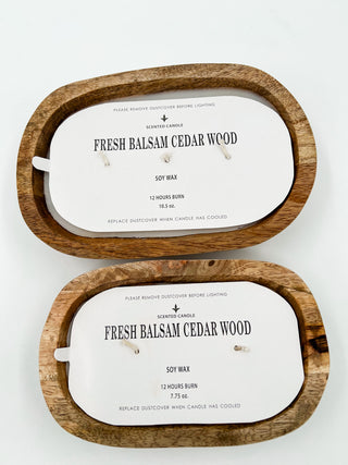 Oval wooden-bowl soy candle set with “FRESH BALSAM CEDAR WOOD” labels and two wicks