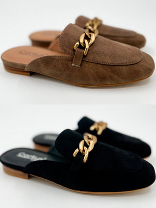 Suede mules in mocha brown and black with gold chain ornament and low flat sole