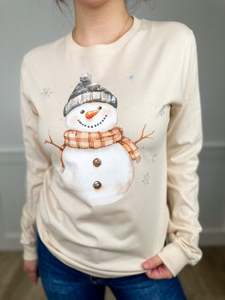Snowy Smiles Cotton Long Sleeve Cream Avery Mae Graphic Tee Shirt