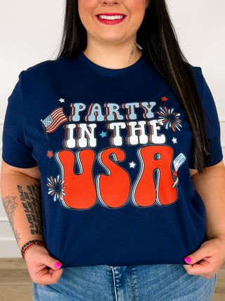 Party in the USA Cotton Short Sleeve Blue Avery Mae Graphic Tee Shirt (Bella+Canvas)