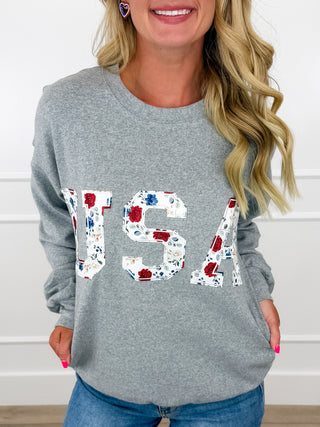 Ampersand Avenue Patriotic Booms Cotton Blend Long Sleeve Grey Top