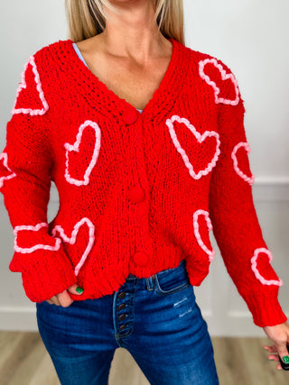 Heart-to-Heart Knit Long Sleeve Red Avery Mae Mom Cropped Cardigan