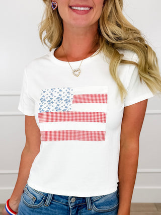 Floral Flag Cotton Blend Short Sleeve White Avery Mae Mom Cropped Top