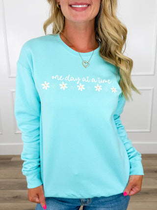 One Day at a Time Cotton Blend Long Sleeve Blue Avery Mae Graphic Crewneck Sweatshirt (Tultex)