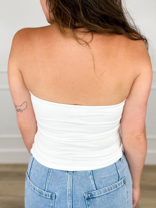 White rayon-blend strapless tube top with ruched fabric and open back