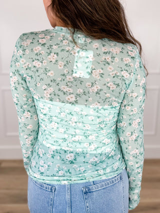 Sheer mesh long-sleeve floral top, mint green with pale pink flowers
