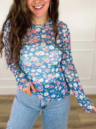 Sheer mesh long-sleeve floral top, blue with orange and white blossoms
