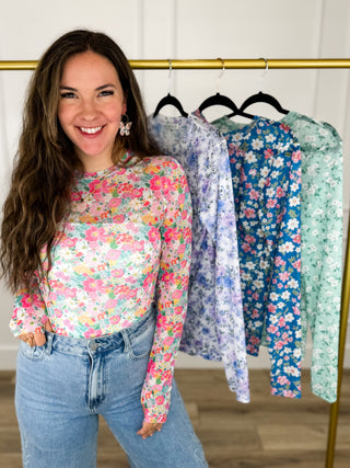 Sheer mesh long-sleeve floral top, pink with multicolor flowers (worn)