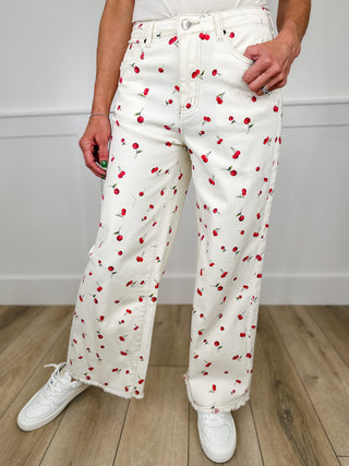 Easel Cherry Picking High Rise Cotton Blend Wide Leg Cream Bottoms