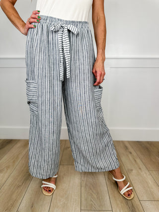 High-rise cargo wide-leg pants, blue-gray vertical stripe, tie waist, cargo flap pockets