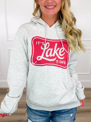 Clock in it's Lake Time Cotton Blend Long Sleeve Grey Avery Mae Graphic Hoodie Sweatshirt (Gildan)