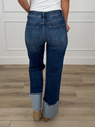 Risen Hadley Mid-Rise Wide Leg Jeans - Dark Wash (Cuffed, Non-Distressed)