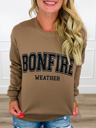 Ready for Bonfire Weather Cotton Blend Long Sleeve Mocha Avery Mae Graphic Crewneck Sweatshirt (Bella+Canvas)