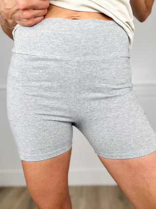 Light grey high-rise cotton blend biker shorts with a smooth waistband seam