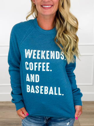 The Weekend Lineup Cotton Blend Long Sleeve Blue Avery Mae Graphic Crewneck Sweatshirt (Bella+Canvas)