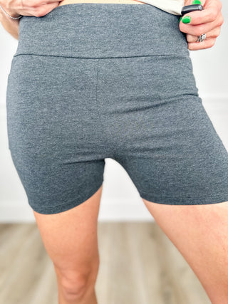 Dark grey high-rise cotton blend biker shorts with a contoured waistband