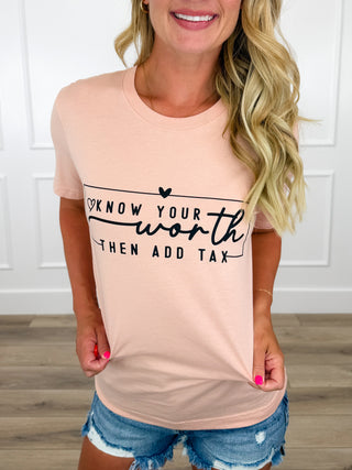 Add That Tax Cotton Short Sleeve Peach Avery Mae Graphic Tee Shirt (Bella+Canvas)