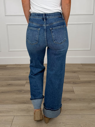 Women’s wide-leg denim jeans, back view, medium wash with stitched back pockets