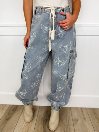 POL Feeling Fly High Rise Cotton Wide Leg Light Wash Denim Joggers