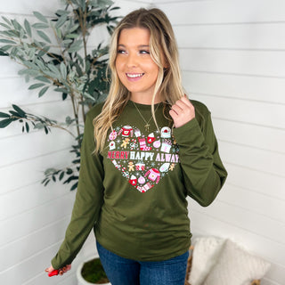 Always Happy & Merry Cotton Blend Long Sleeve Green Avery Mae Graphic Tee Shirt