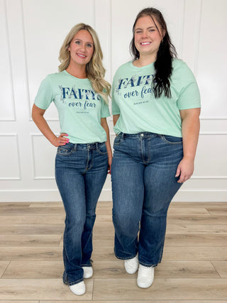 Faith Over Fear Cotton Short Sleeve Green Avery Mae Graphic Tee Shirt (Bella+Canvas)