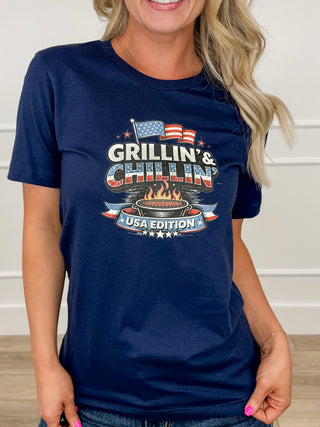 USA Grillin' & Chillin' Cotton Short Sleeve Navy Avery Mae Graphic Tee Shirt (Bella+Canvas)