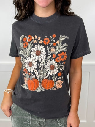 Blooming Fall Florals Cotton Short Sleeve Charcoal Avery Mae Graphic Tee Shirt