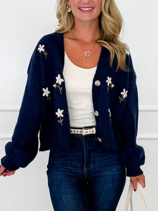 Trust in the Good Times Knit Long Sleeve Blue Avery Mae Button Up Mom Cropped Cardigan