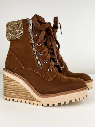 MIA Stand By Faux Suede Cognac Wedge Booties