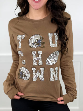 Touchdown Season Cotton Long Sleeve Mocha Avery Mae Graphic Tee Shirt